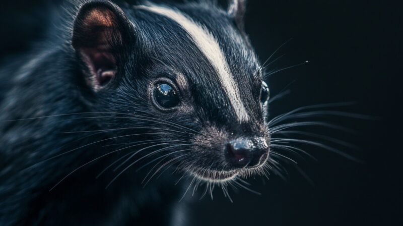 Un gros plan détaillé d'une moufette d'Amérique, montrant son pelage noir luisant et sa bande blanche distinctive sur la tête. Ses yeux vifs et ses longues moustaches sont mis en évidence dans un éclairage subtil, soulignant la beauté et la curiosité de cet animal souvent mal compris